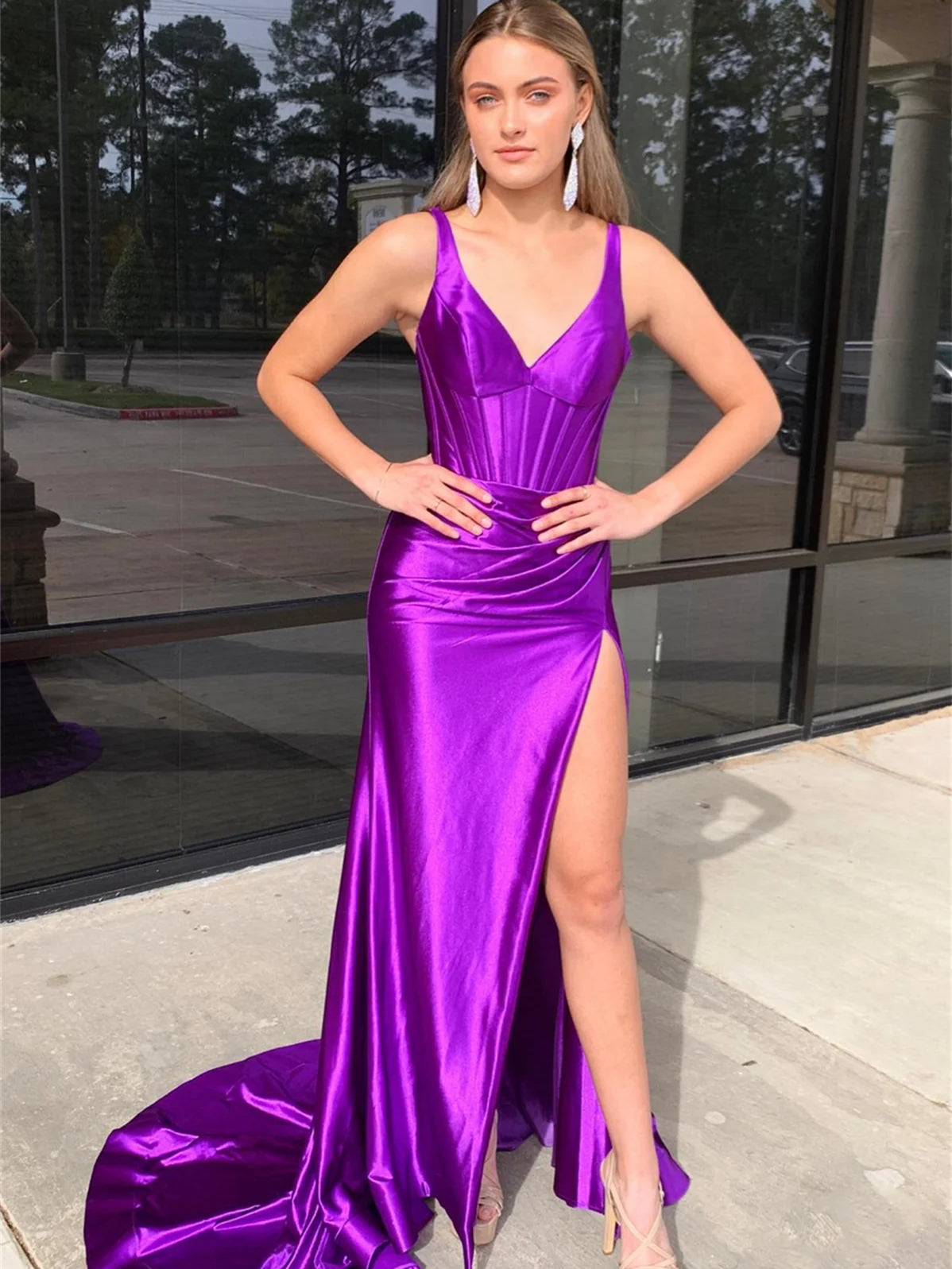 V-neck High Side Slit Sexy Prom Dresses, Purple Prom Dresses, Newest Prom Dresses, 2024 Prom Dresses, Evening Dresses