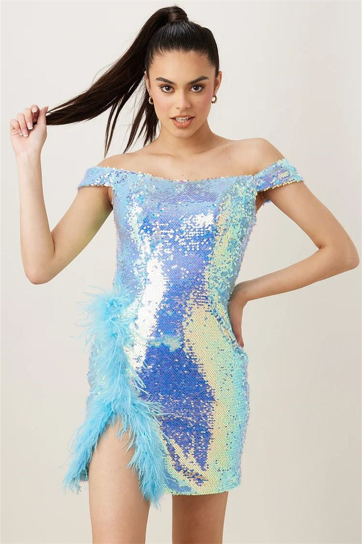 Off the Shoulder Shiny Sequin Mini Dresses, Homocoming Dresses, Short Prom Dresses