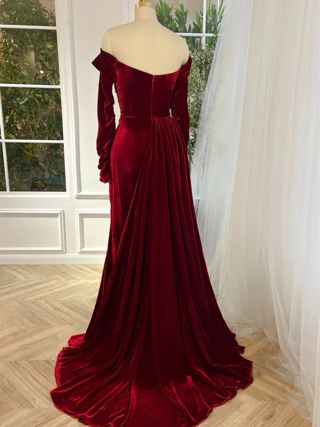 Off the Shoulder Burgundy Velvet Prom Dresses, Fitted High Slit Prom Dresses, Party Wear, Ocassion Dresses, Newest Prom Dresses