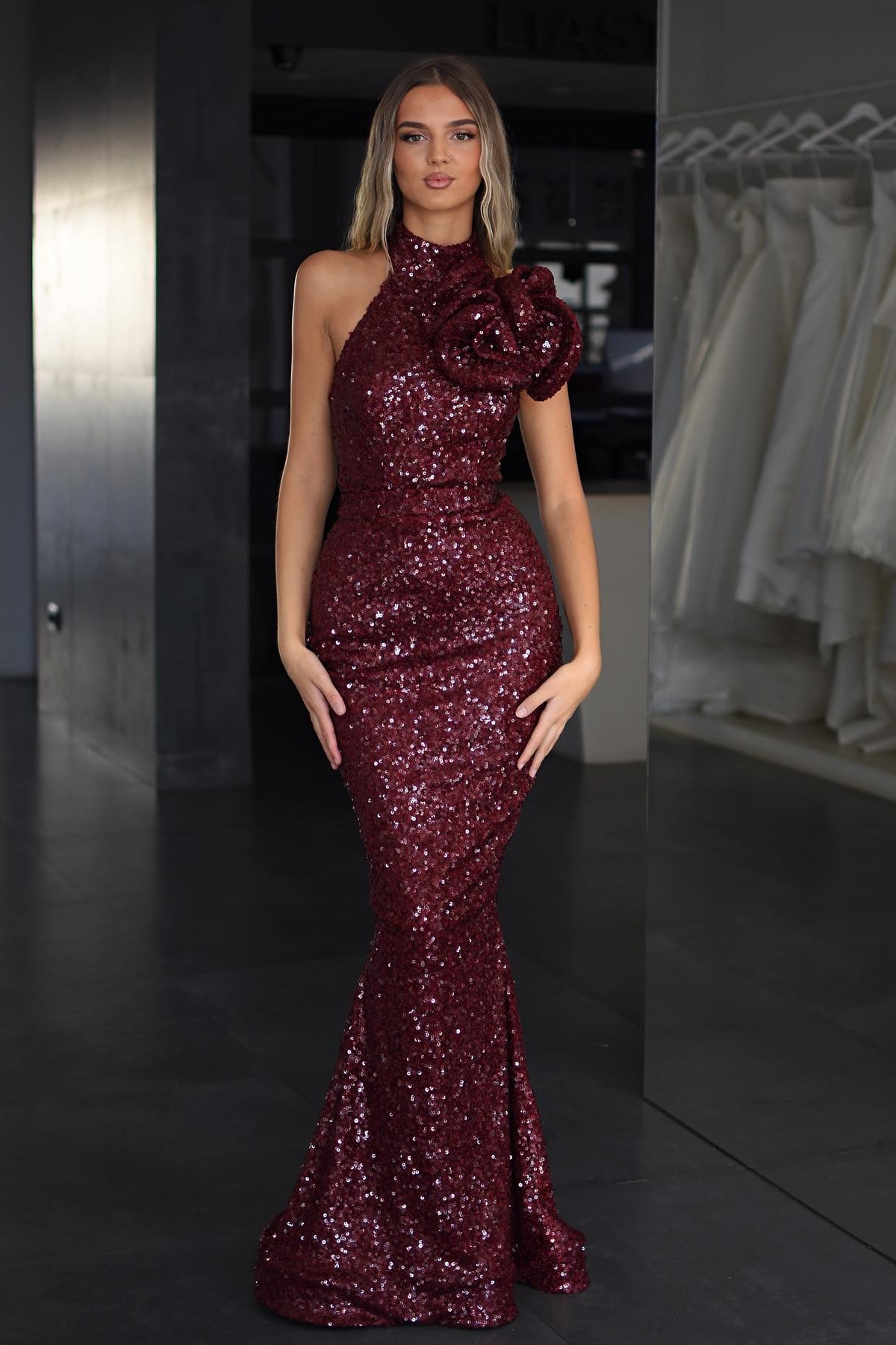 High Neck Maroon Sequin Mermaid Long Prom Dresses, Newest Prom Dresses, Evening Dresses, Formal Dresses, Girl Party Dresses