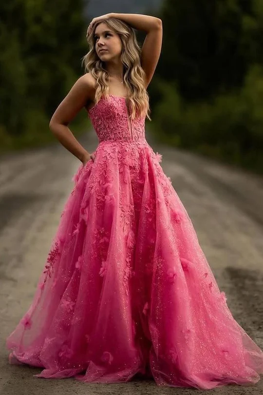 A-line Lace Newest Long Prom Dresses, Appliques V-neck Bridal Gowns, Evening Party Prom Dresses