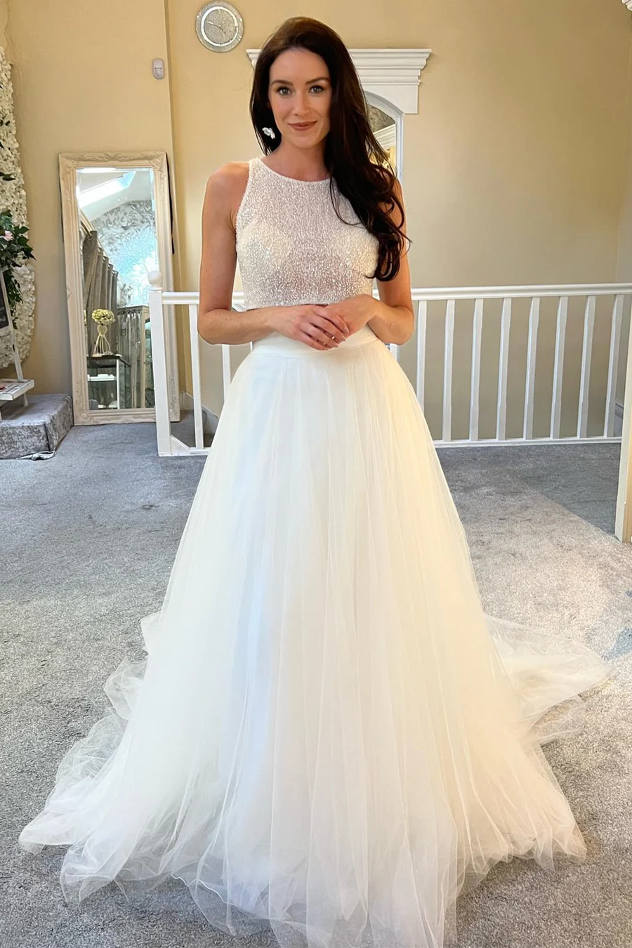 Two Pieces Sequins Wedding Dresses, A-line Tulle Simple Bridal Gowns, Newest 2025 Wedding Dresses