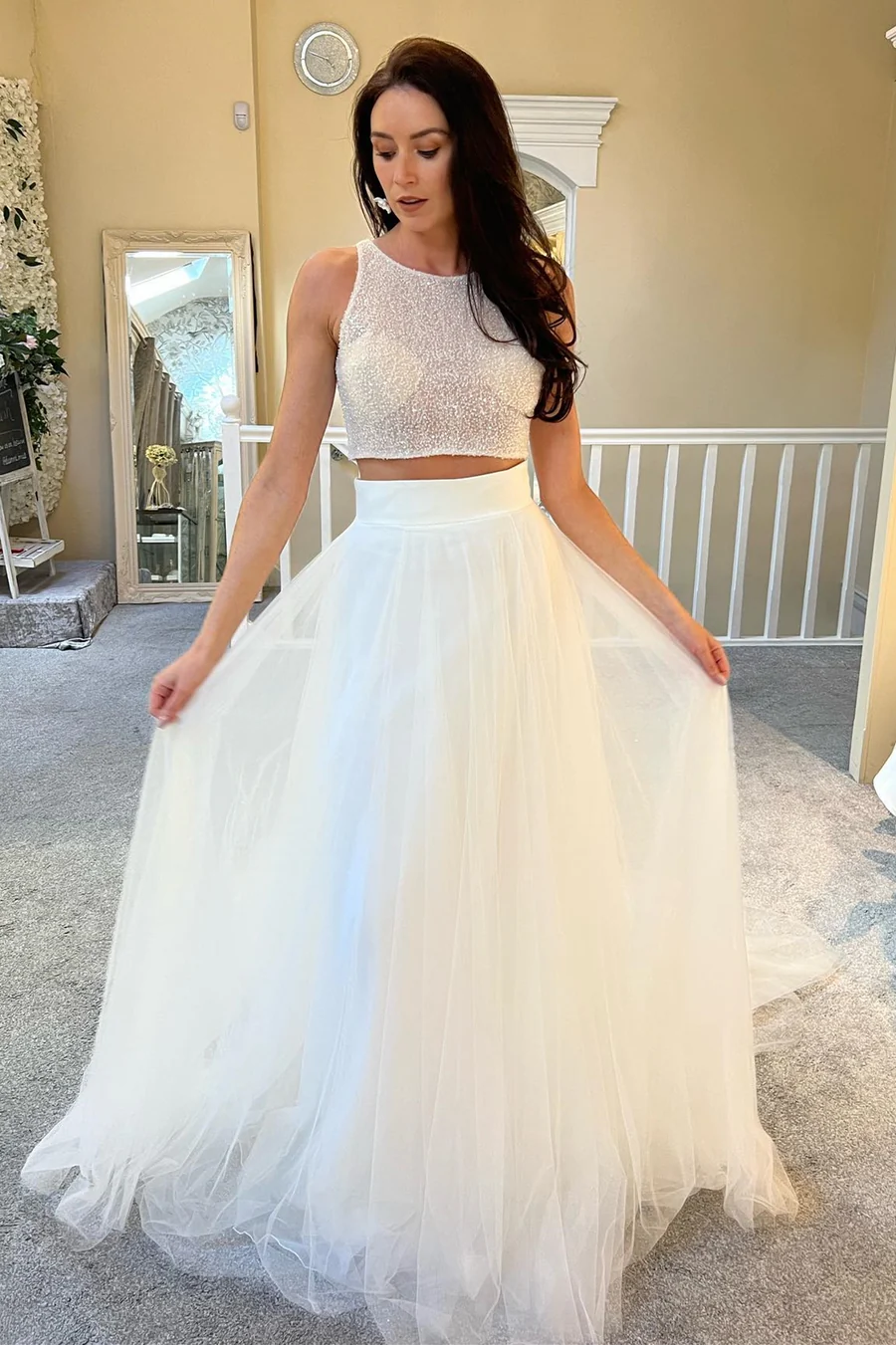 Two Pieces Sequins Wedding Dresses, A-line Tulle Simple Bridal Gowns, Newest 2025 Wedding Dresses