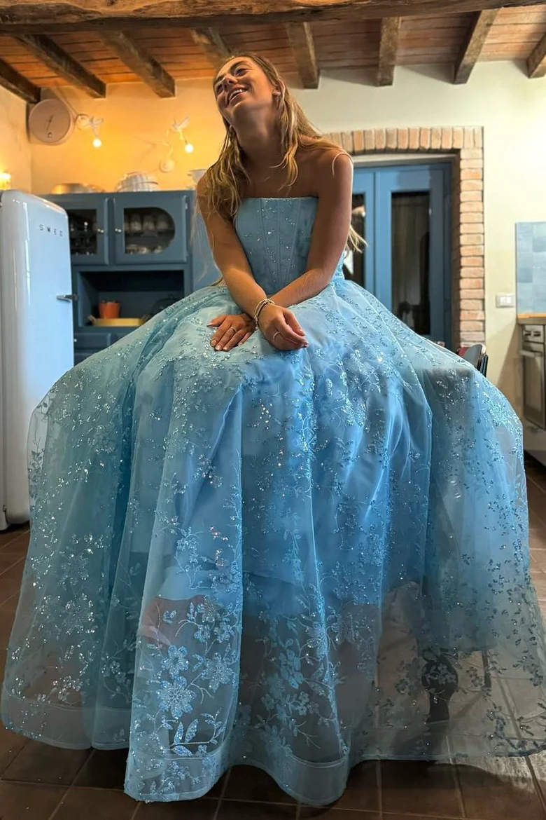 Strapless Lace Graduation Party Dresses, A-line 2025 Newest Long Prom Dresses, Blue Wedding Guest Dresses