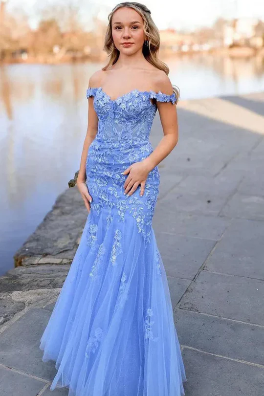 Off The Shoulder 2025 Newest Long Prom Dresses, Lace Appliques Mermaid Tulle Graduation Party Dresses