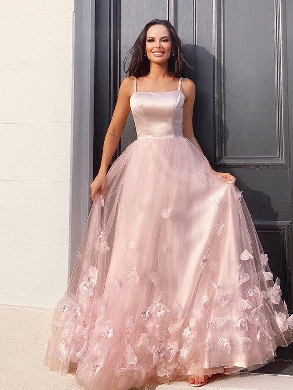 Straps A-line Wedding Guest Dresses, Pink Flower Newest Long Prom Dresses, 2025 Bridesmaid Dresses