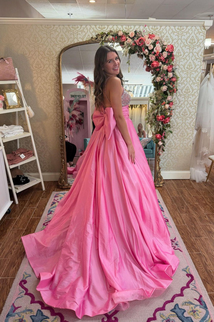 Beaded Pink Satin Long Prom Dresses, A-line Newest 2025 Long Prom Dresses, Bow Girl Party Dresses