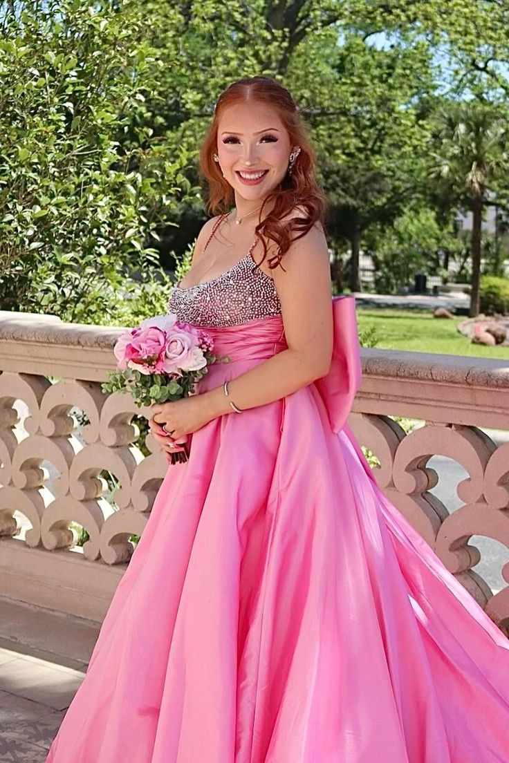 Beaded Pink Satin Long Prom Dresses, A-line Newest 2025 Long Prom Dresses, Bow Girl Party Dresses