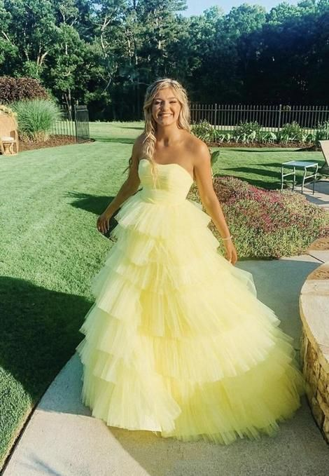 Yellow A-line Tulle Wedding Dresses, Newest 2025 Long Prom Dresses,Strapless Evening Party Dresses