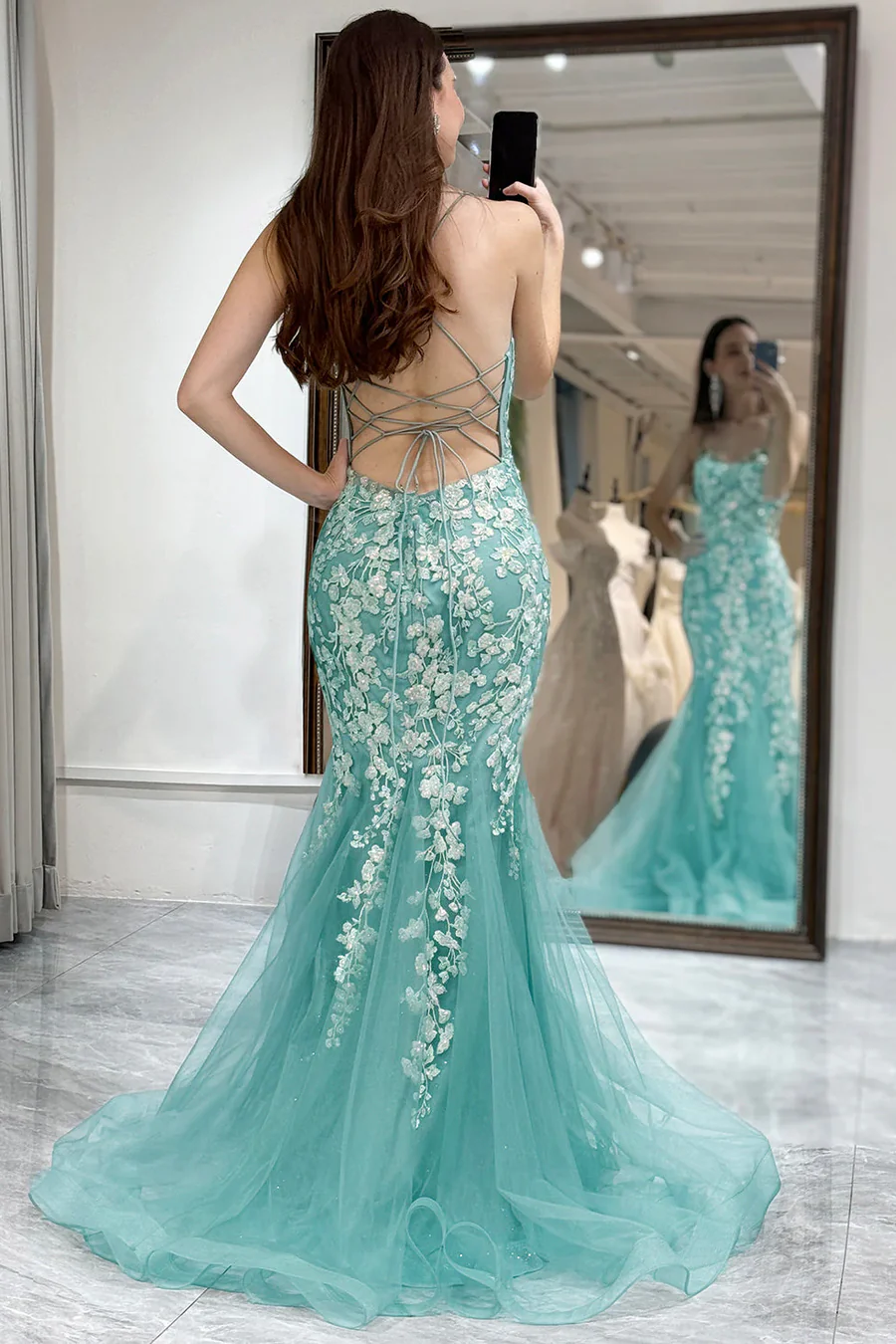 Mermaid Straps 2025 Newest Long Prom Dresses, V-neck Appliques Lace Popular Girl Party Dresses