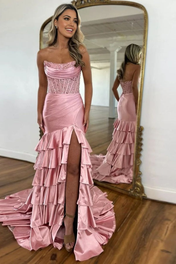 Strapless Sequins Newest Long Prom Dresses, Side Slit Girl Graduation Party Dresses, Wedding Guest Dresses