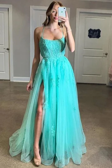 Spaghetti Straps A-line Wedding Guest Dresses, Lace Tulle Bridesmaid Dresses, Newest Long Prom Dresses