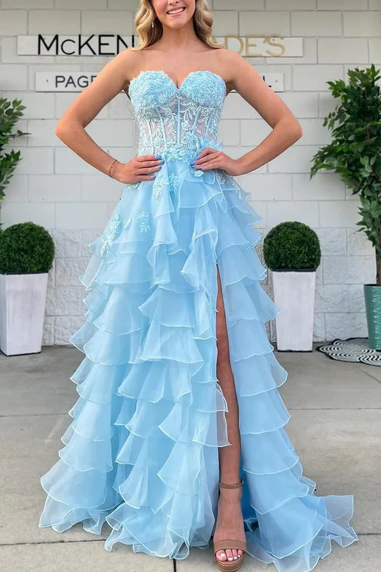 Stunning A-line Strapless Newest Long Prom Dresses, Sweetheart Ruffles Girl Party Dresses