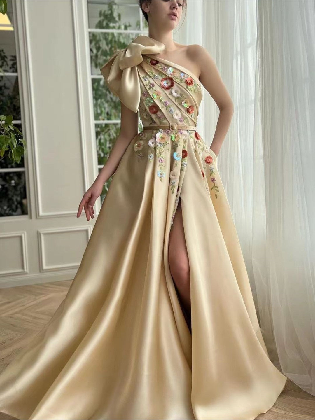 One Shoulder Satin Prom Dresses, Appliques A-line Party Dresses, Newest 2023 Long Prom Dresses