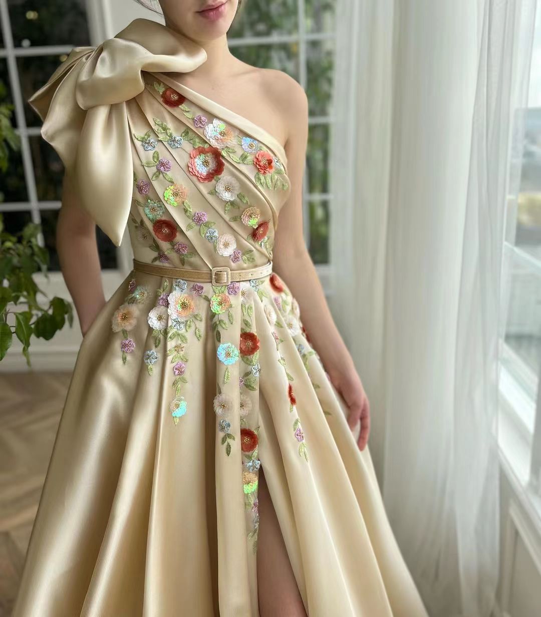 One Shoulder Satin Prom Dresses, Appliques A-line Party Dresses, Newest 2023 Long Prom Dresses