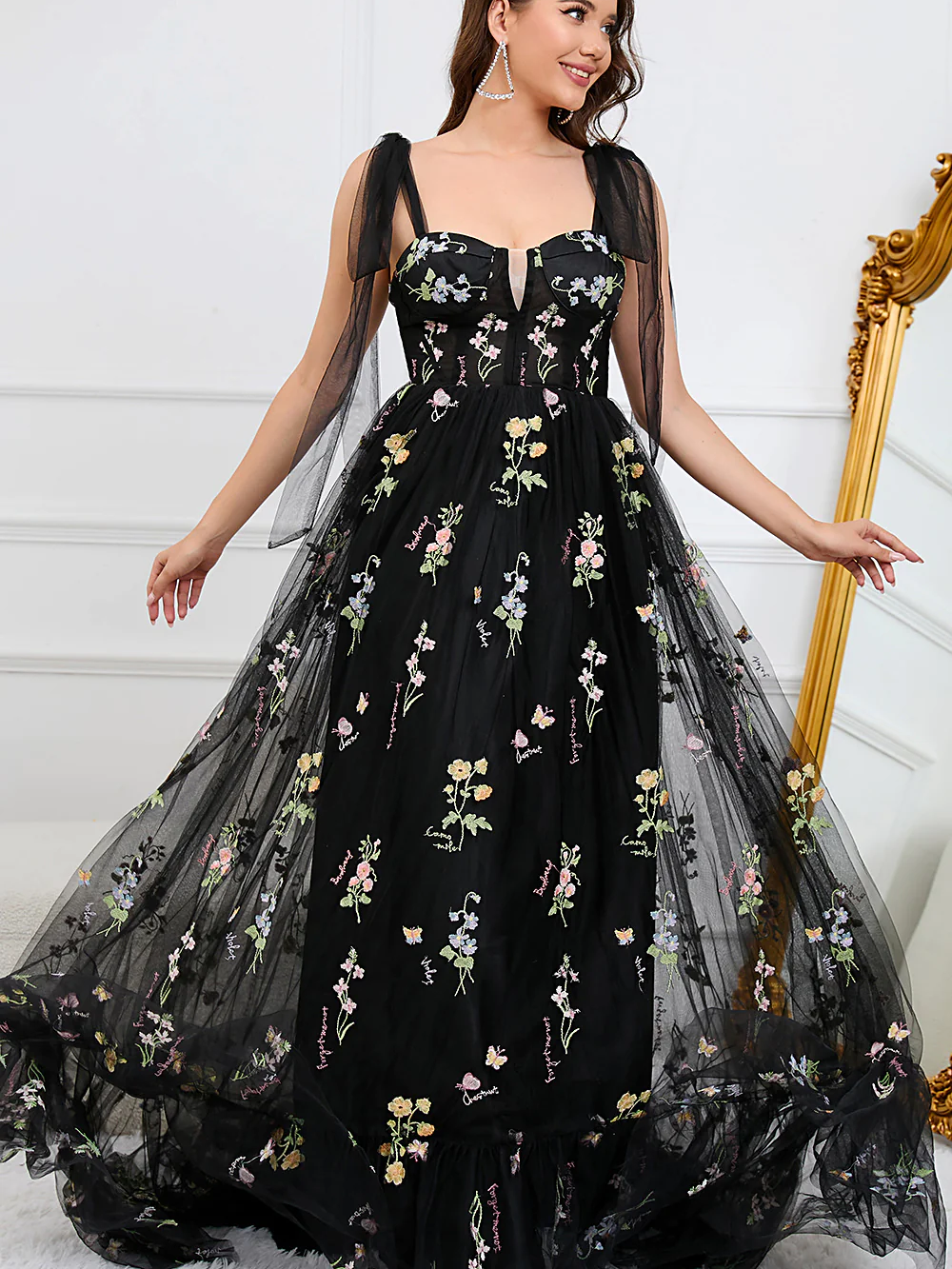 Floral A-line Black Prom Dresses, Wedding Guest Dresses, Newest 2023 Long Prom Dressses