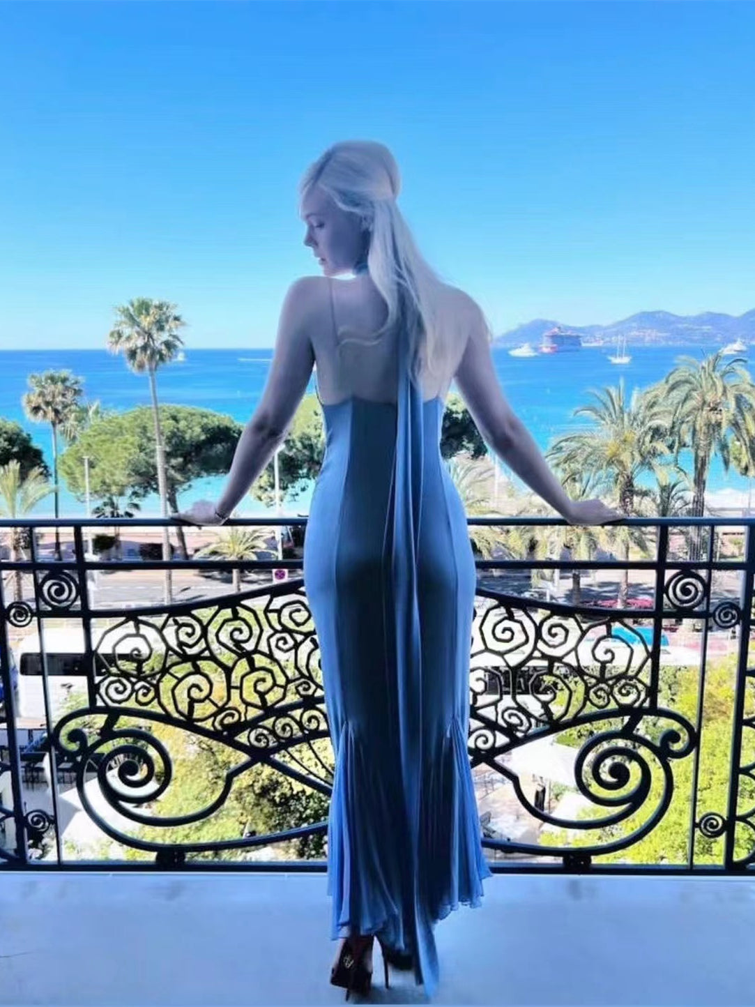 Elle Fanning Dusty Blue Chiffon Mermaid Prom Dresses, Party Dresses, Newest Prom Dresses, Celebrity Dresses