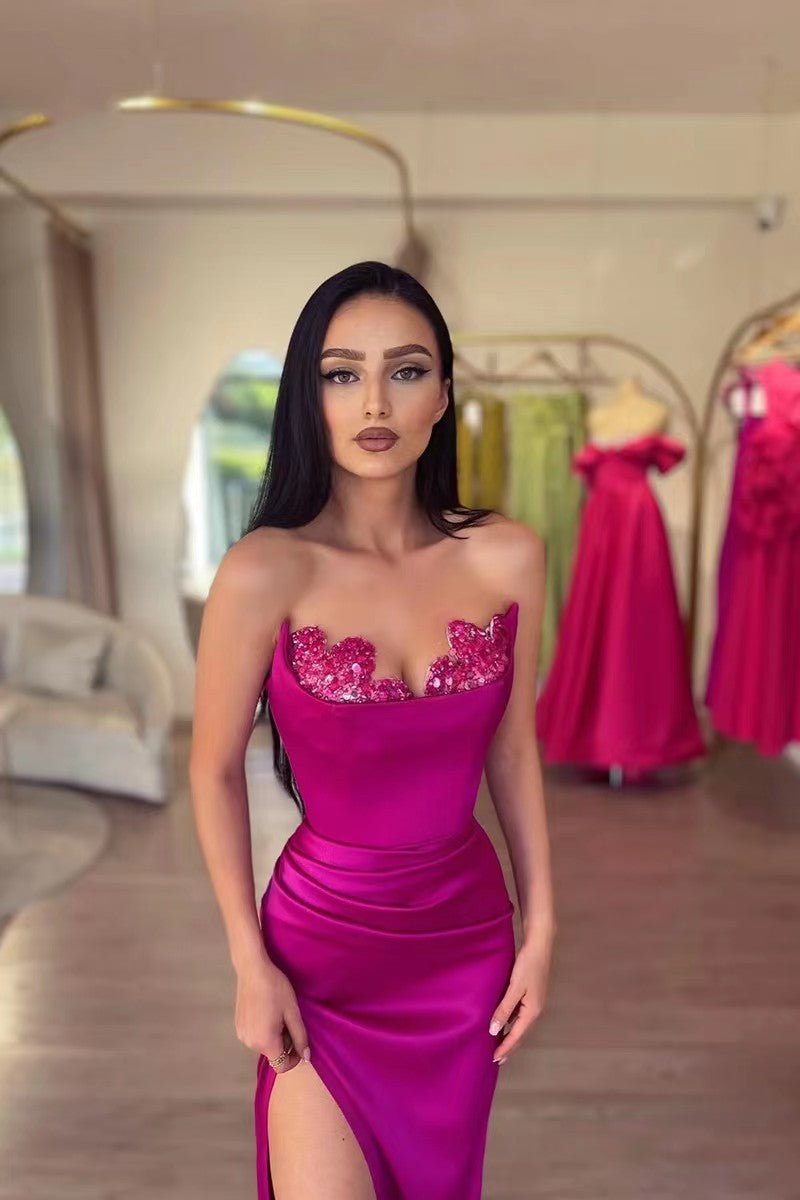 Strapless Side Slit Prom Dresses, Sexy Mermaid Evening Party Dresses, Newest 2023 Long Prom Dresses