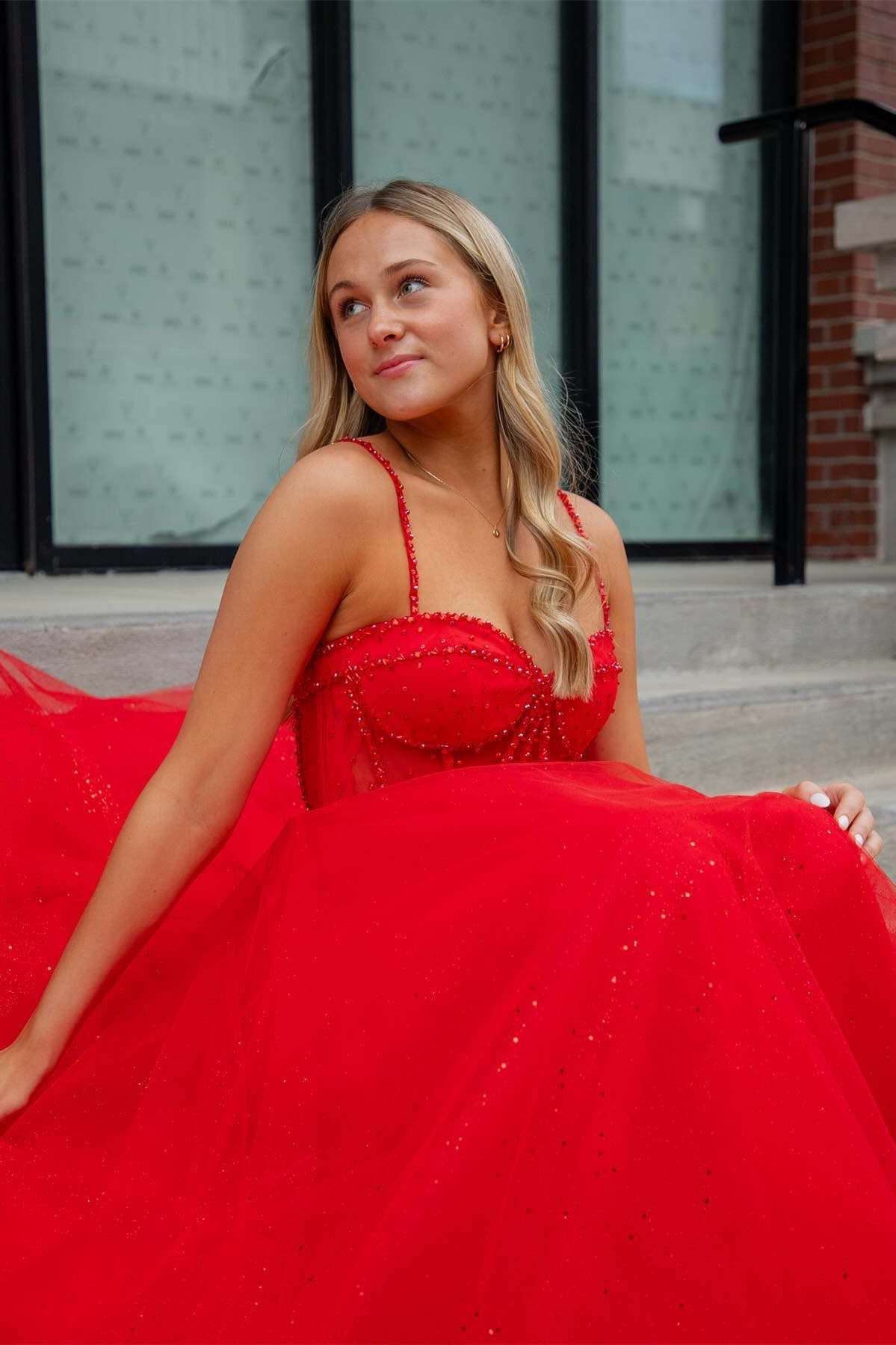 Spaghetti Straps Tulle Prom Dresses, A-line Red Color Wedding Guest Dresses, Newest 2024 Long Prom Dresses