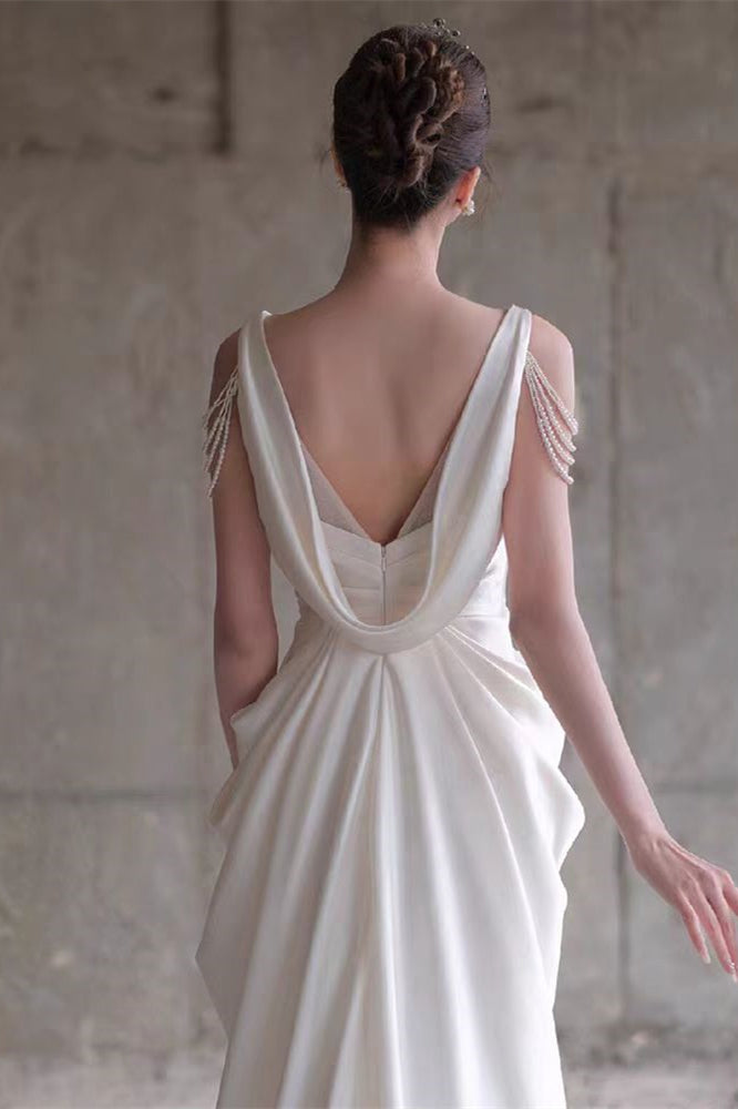 Elegant Satin Wedding Gown With Pearls, Front Slit Wedding Dresses, Bridal Gown, Long Wedding Dresses