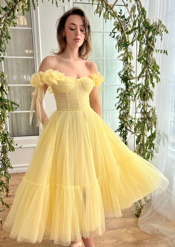 Off Shoulder Popular Party Dresses, Light Yellow Color Newest Long Prom Dresses, Wedding Guest Dresses