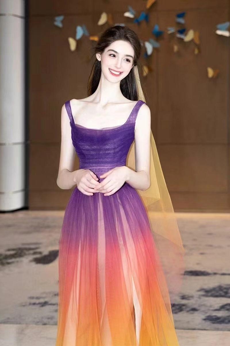 Square Neckline Gradient Tulle Prom Dresses, High Slit Prom Dresses, Newest Prom Dresses, Party Dresses