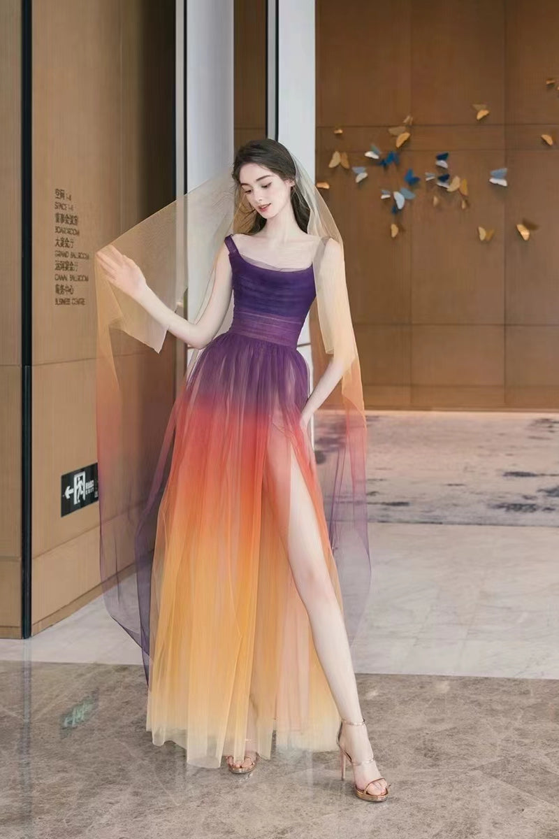 Square Neckline Gradient Tulle Prom Dresses, High Slit Prom Dresses, Newest Prom Dresses, Party Dresses