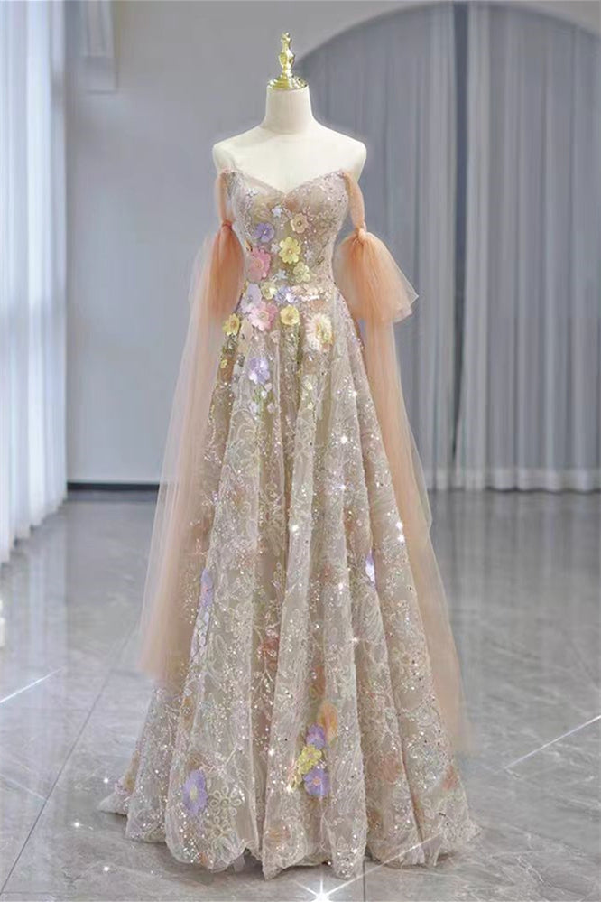 Off Shoulder Floral Sequin Beaded Prom Dresses, Princess Dresses, Evening Dresses, Newest Prom Dresses