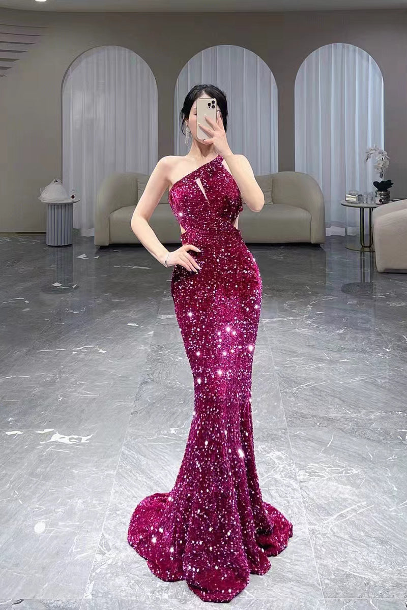 One Shoulder Mermaid Sequin Prom Dresses, Wedding Guest Dresses, Bridesmaid Dresses, Newest Prom Dresses