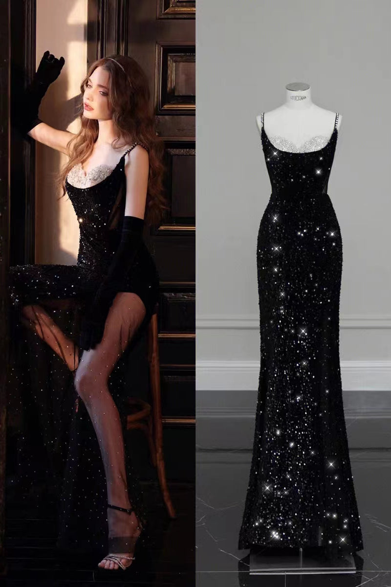 Shiny Sequin Beaded Black Prom Dresses. Mermaid High Slit Prom Dresses, Newest Prom Dresses