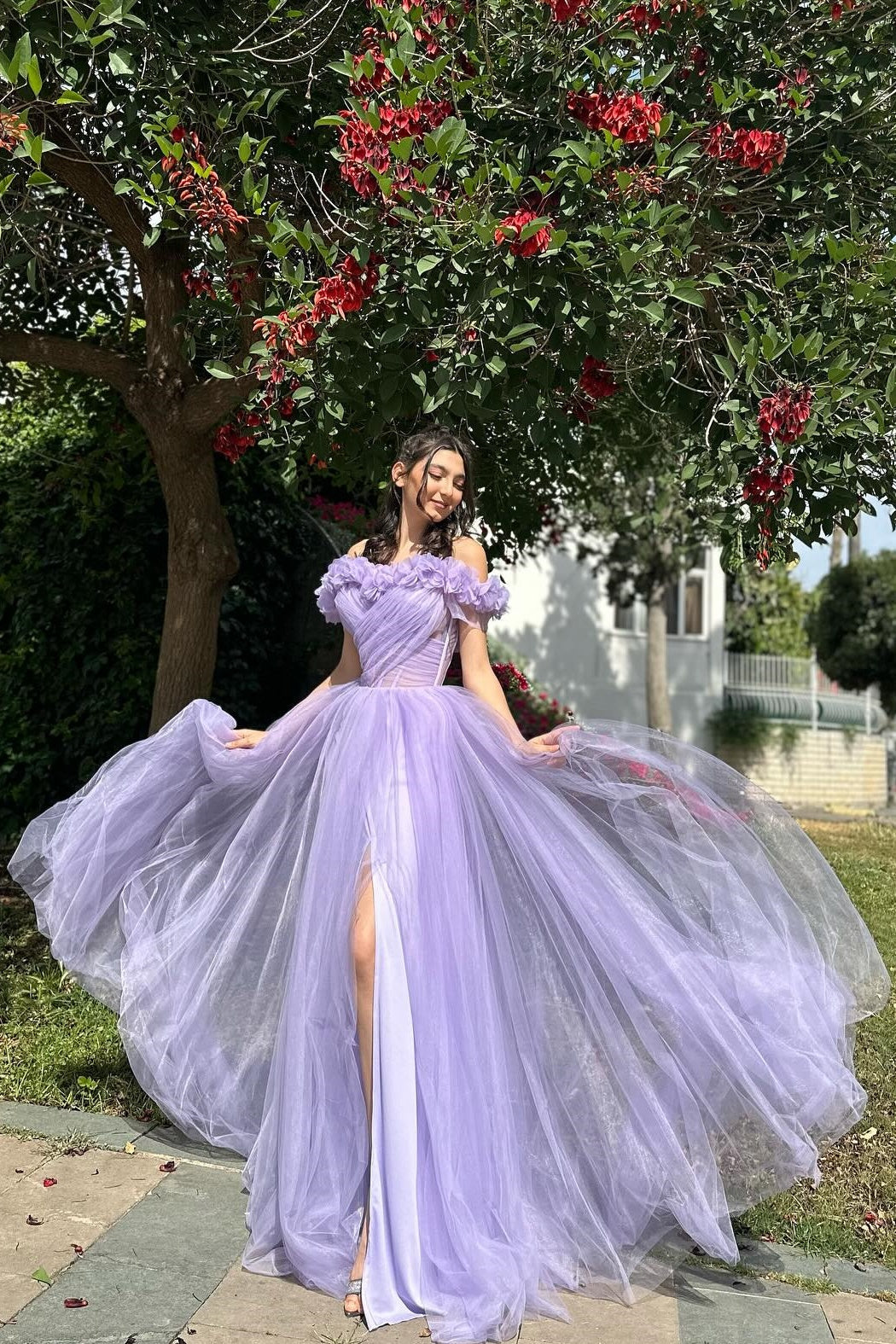 Off Shoulder Newest Long Prom Dresses, A-line Wedding Guest Dresses, Fashion Lilac Wedding Dresses