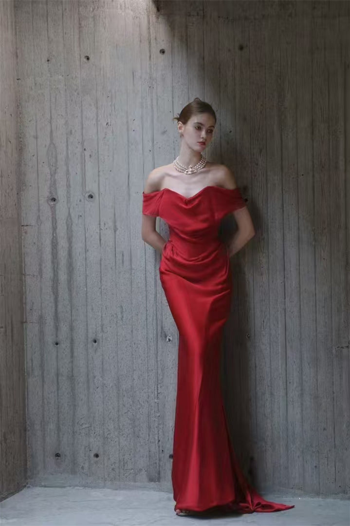 Off Shoulder Long Sheath Red Prom Dresses, Wedding Party Dresses, Bridesmaid Dresses