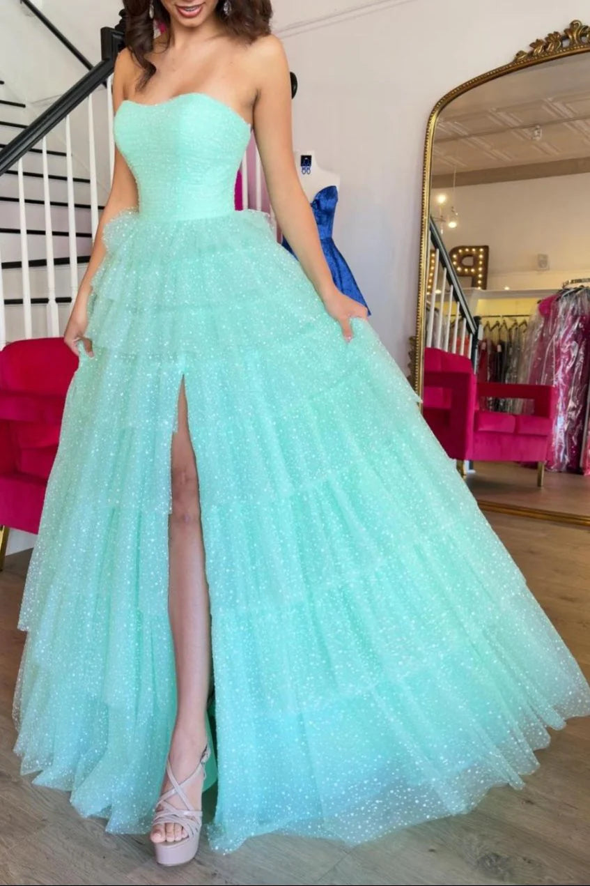 Strapless Sequins 2025 Ball Gowns, A-line Newest Long Prom Dresses , Puffy Girl Party Dresses