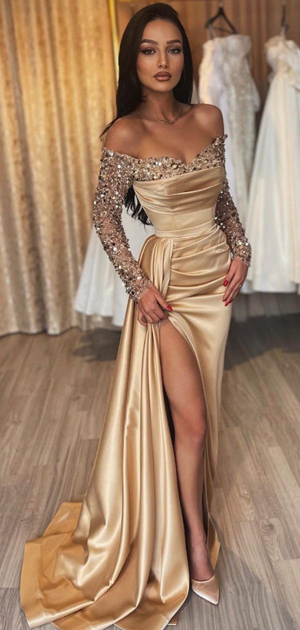 Champagne Gold Rhinestone Beaded Prom Dresses, High Slit Sexy Mermaid Long Prom Dresses, Newest Prom Dresses, Formal Dresses