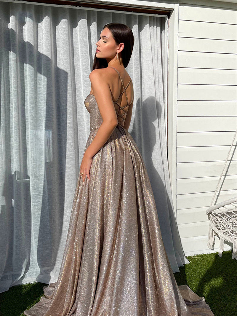 Spaghetti Long A-line Prom Dresses, Shemmering Jersey Prom Dresses, High Slit Prom Dresses, 2023 Prom Dresses, Formal Dresses