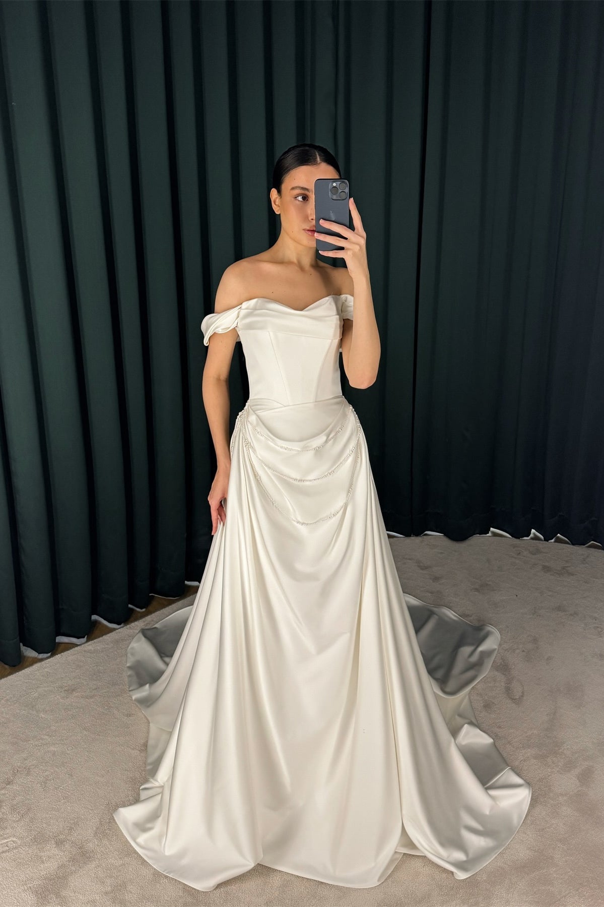 Off Shoulder Chic Soft Satin Wedding Dresses With Pearls, Newest Wedding Dresses, Bridal Gown