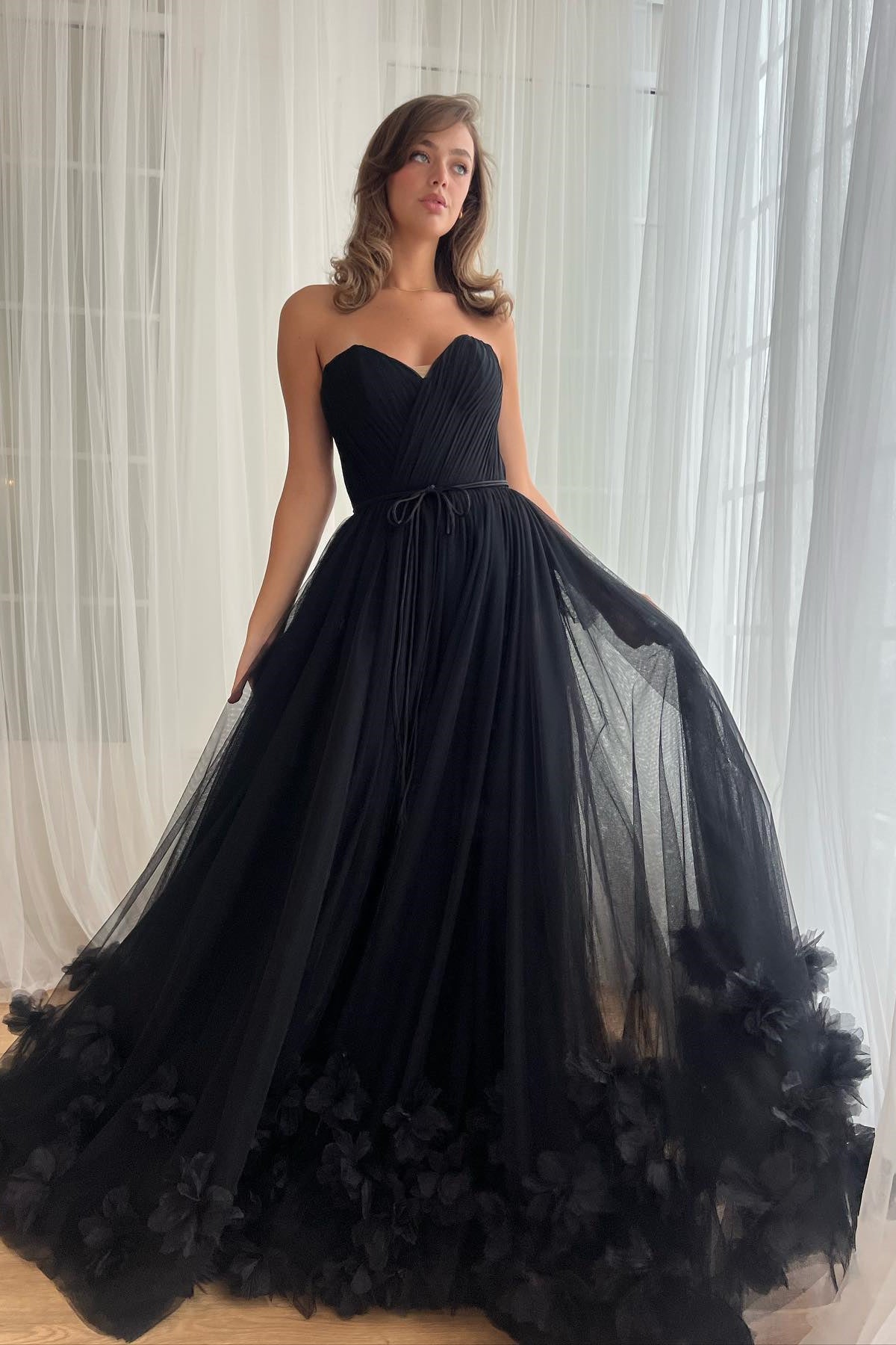 Strapless Black Tulle Prom Dresses, 3D Floral A-line Prom Dresses, Newest Prom Dresses