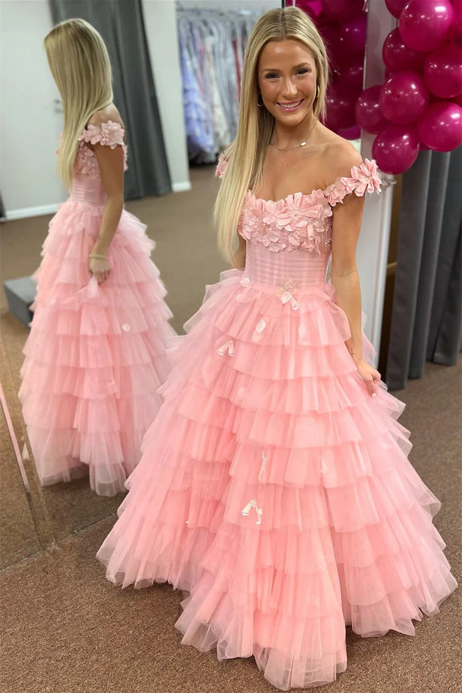 Off the Shoulder 3D Flowers Layers Cake Dresses With Bones, Cute Princess Dresses, Newest Prom Dresses