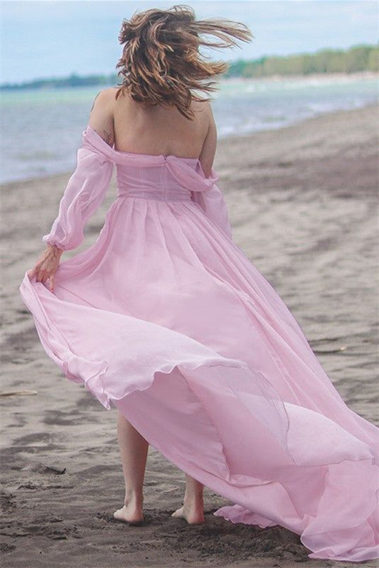 Pink Off the Shoulder Prom Dresses, Vocation Dresses, Newest Prom Dresses, Simple Beach Wedding Dresses