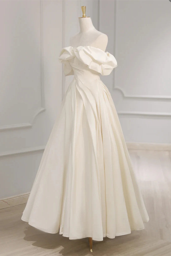 Off the Shoulder A-line Pleated Satin Prom Dresses, Simple Wedding Dresses, Bridal Gown