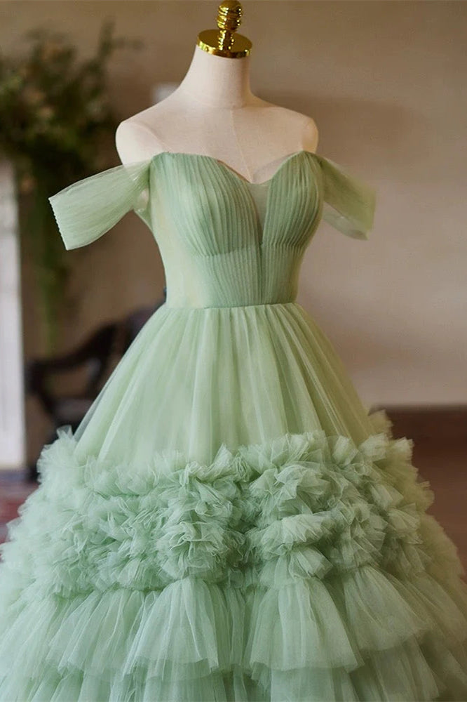 Off Shoulder A-line Green Ruffles Tulle Prom Dresses, Ball Gown, Newest Prom Dresses