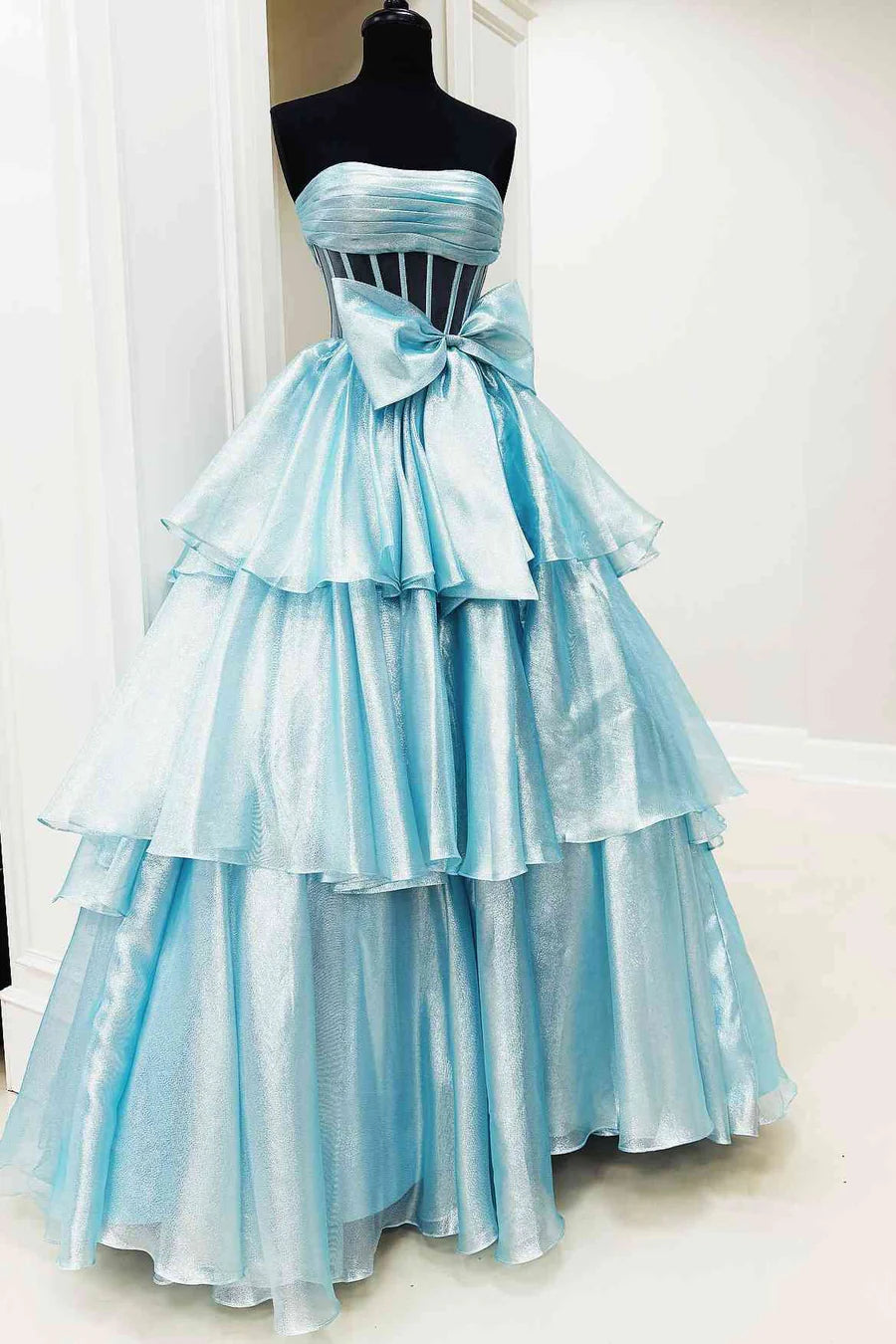 Strapless Long A-line Shiny Chiffon Layers Cake Dresses, Popular Newest Prom Dresses