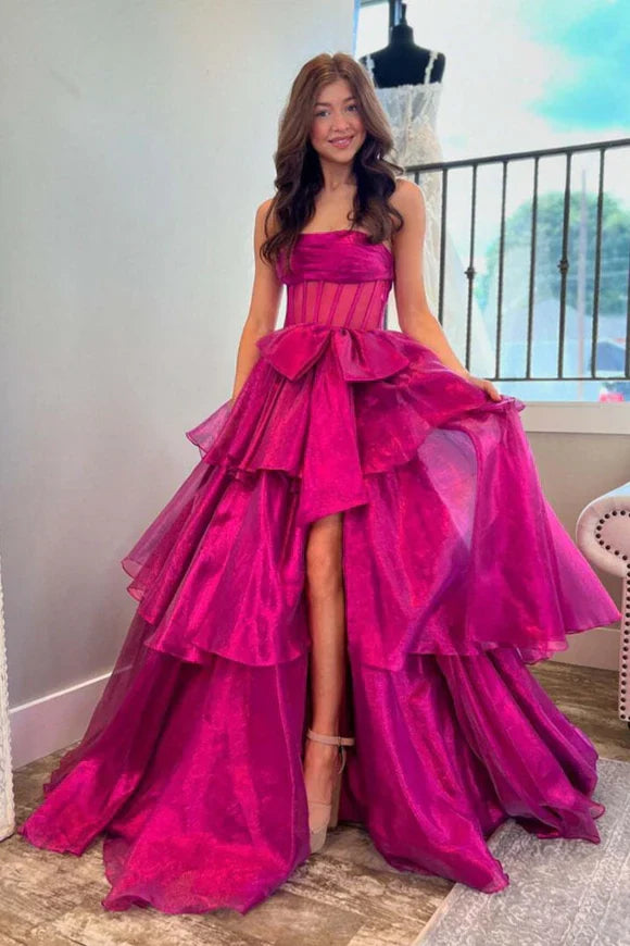 Strapless Long A-line Shiny Chiffon Layers Cake Dresses, Popular Newest Prom Dresses