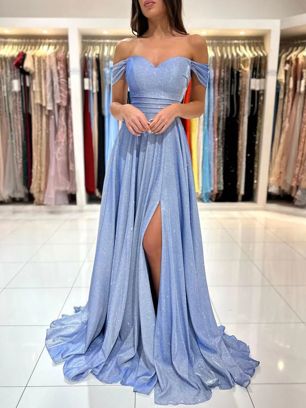 A-line Off the Shoulder Shimmering Prom Dresses, Graduation Dancing Dresses