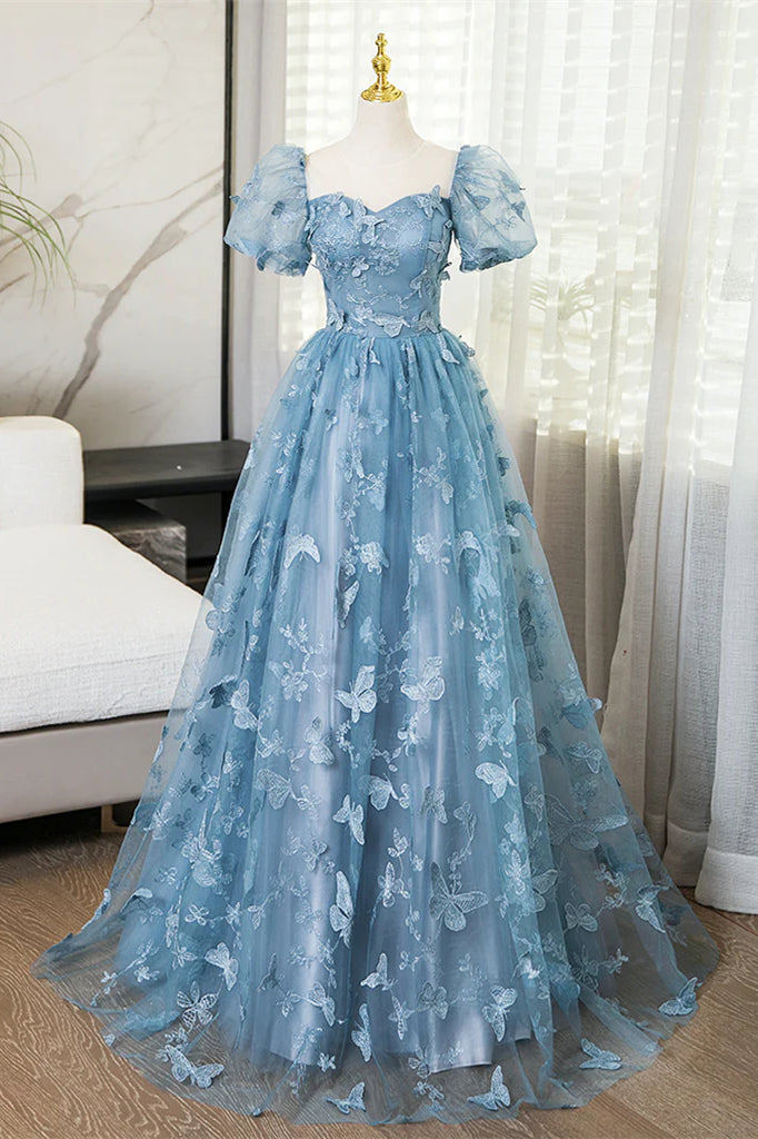 A-line Blue Butterfly Lace Prom Dresses, Short Bubble Sleeves Princess Dresses, Sweet 16 Dresses, Newest Prom Dresses