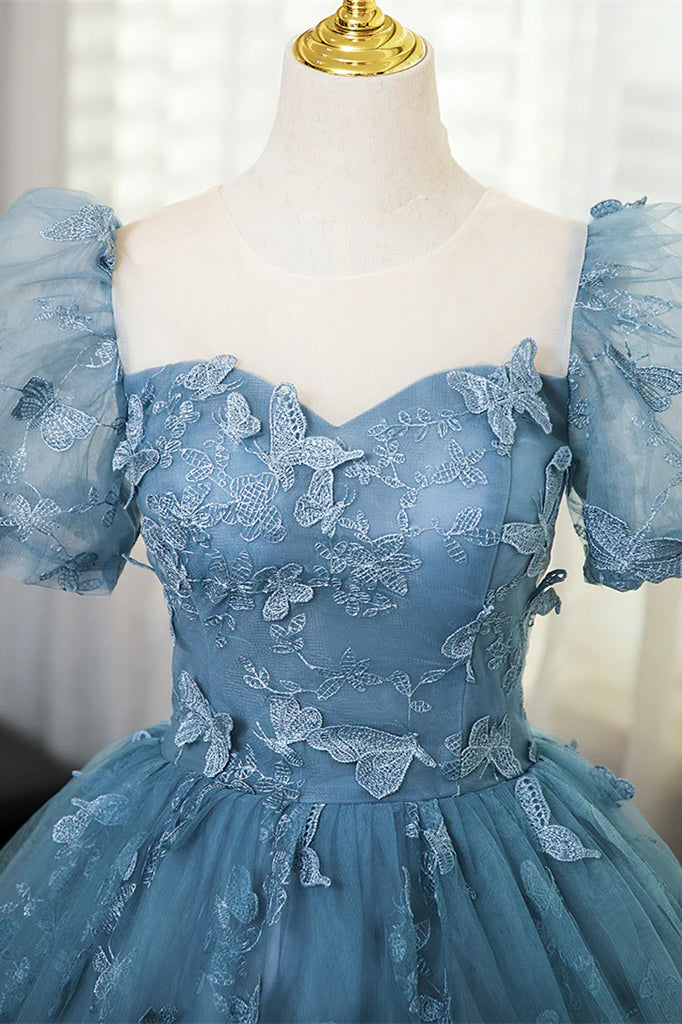 A-line Blue Butterfly Lace Prom Dresses, Short Bubble Sleeves Princess Dresses, Sweet 16 Dresses, Newest Prom Dresses