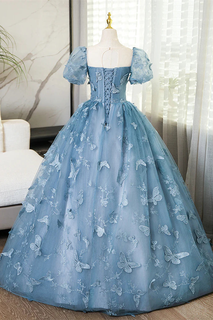 A-line Blue Butterfly Lace Prom Dresses, Short Bubble Sleeves Princess Dresses, Sweet 16 Dresses, Newest Prom Dresses