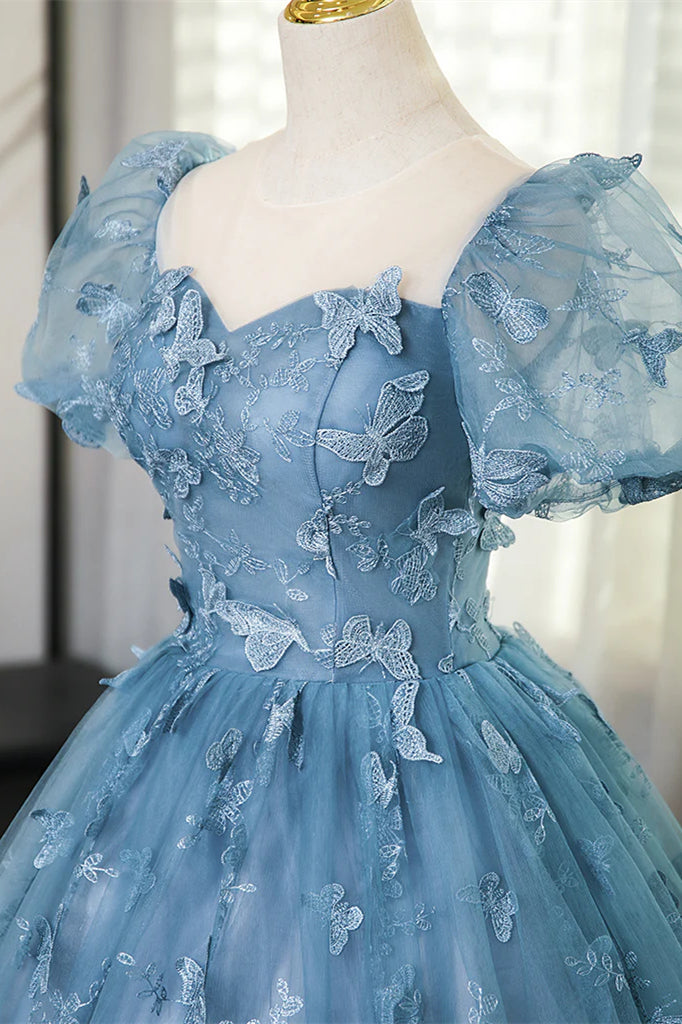 A-line Blue Butterfly Lace Prom Dresses, Short Bubble Sleeves Princess Dresses, Sweet 16 Dresses, Newest Prom Dresses