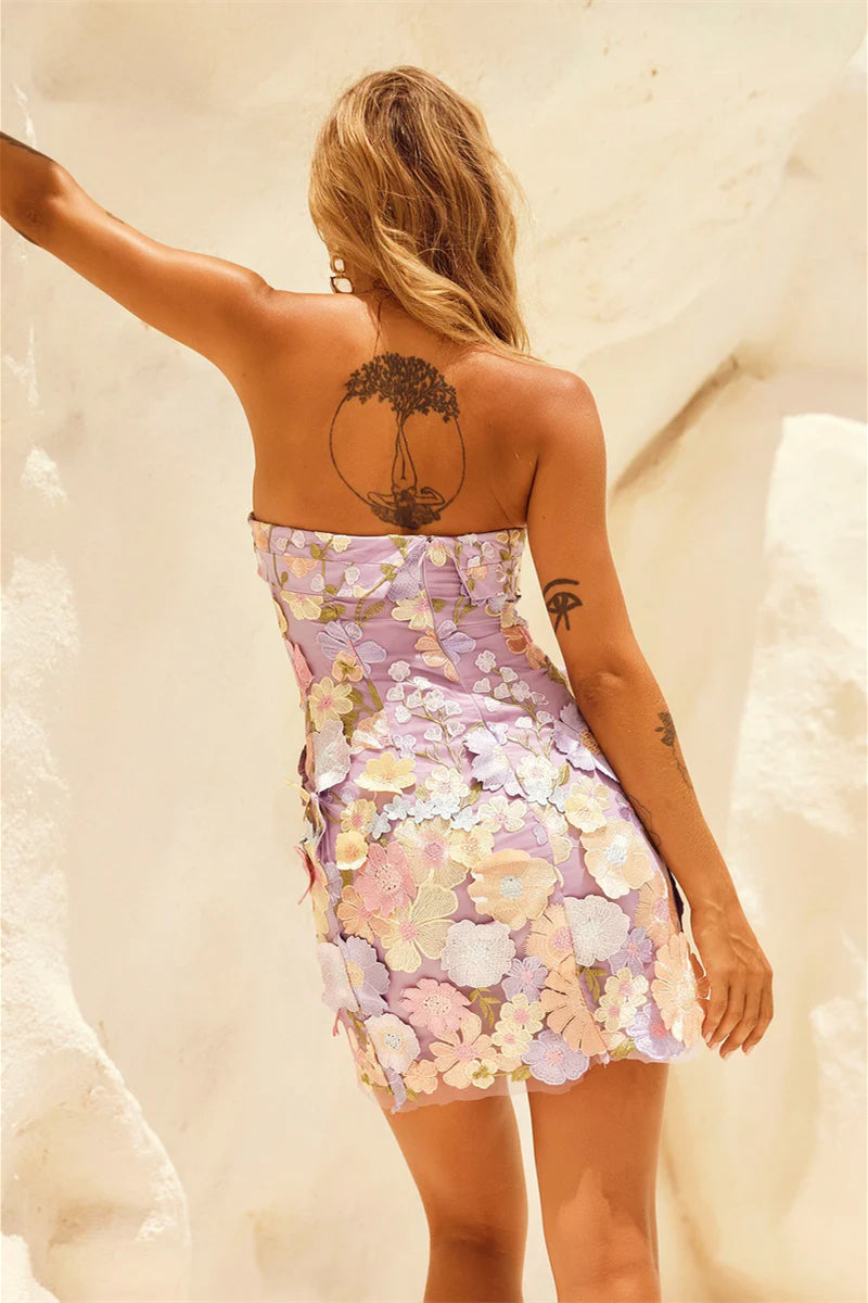 Strapless Lavender Floral Mini Dresses, Homecoming Dresses, Short Prom Dresses, Concert Wear