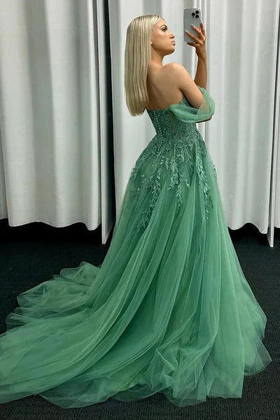 Off the Shoulder Grenn Lace Tulle Prom Dresses, Princess Maxi Dresses, Newest Prom Dresses